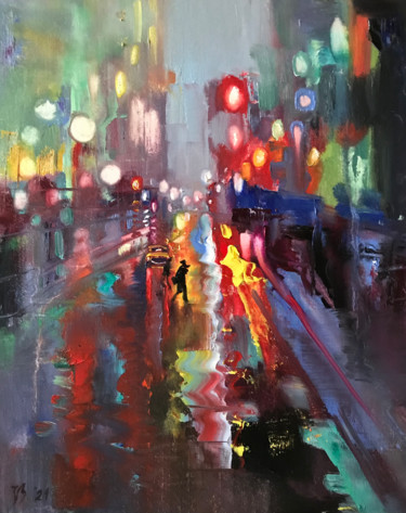 Painting titled "Straße im Regen" by Katharina Valeeva, Original Artwork, Oil