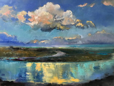 Schilderij getiteld "Wolken über dem Flu…" door Katharina Valeeva, Origineel Kunstwerk, Olie