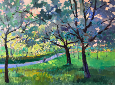 Malerei mit dem Titel "Blühende Bäume" von Katharina Valeeva, Original-Kunstwerk, Öl
