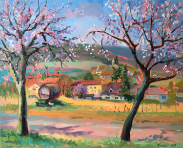 Painting titled "April in Edenkoben" by Katharina Valeeva, Original Artwork, Oil Mounted on Wood Stretcher frame