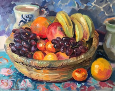 Painting titled "Obstkorb" by Katharina Valeeva, Original Artwork, Oil Mounted on Wood Stretcher frame