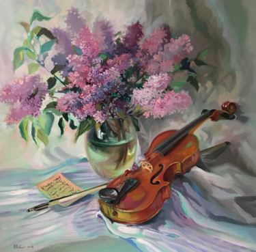 Malerei mit dem Titel "Flieder und Geige" von Katharina Valeeva, Original-Kunstwerk, Öl Auf Keilrahmen aus Holz montiert