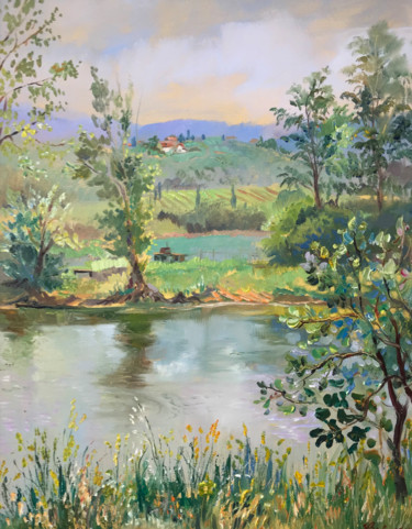 Painting titled "Fischteich in der T…" by Katharina Valeeva, Original Artwork, Oil Mounted on Wood Stretcher frame