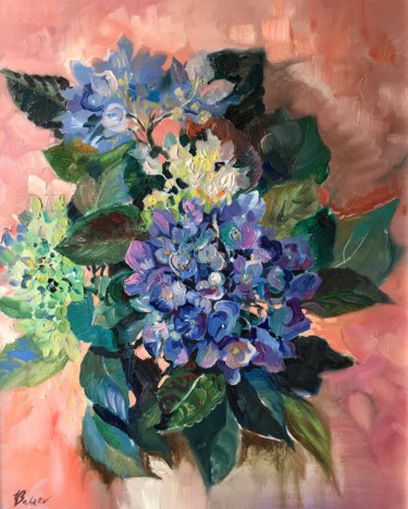 Painting titled "Blaue Hortensie" by Katharina Valeeva, Original Artwork, Oil Mounted on Wood Stretcher frame