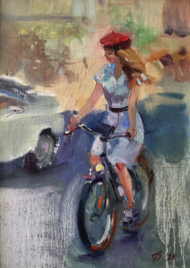 Painting titled "Girl in a red beret" by Katharina Valeeva, Original Artwork, Oil Mounted on Cardboard