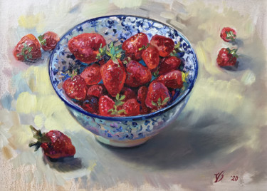 Malerei mit dem Titel "Erdbeeren in einer…" von Katharina Valeeva, Original-Kunstwerk, Öl
