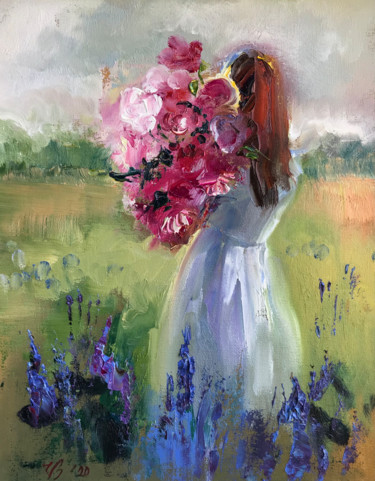 Peinture intitulée "Mädchen mit Blumen" par Katharina Valeeva, Œuvre d'art originale, Huile