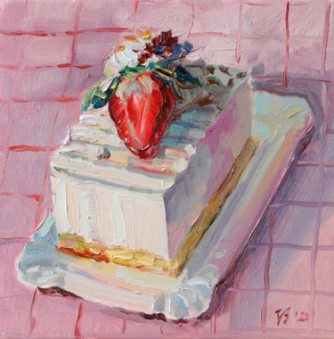 Painting titled "Erdbeer-Joghurt-Kuc…" by Katharina Valeeva, Original Artwork, Oil Mounted on Wood Stretcher frame