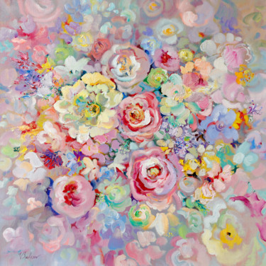 Malerei mit dem Titel "Hellrosa Blumenbild" von Katharina Valeeva, Original-Kunstwerk, Öl