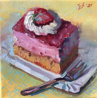 Malerei mit dem Titel "Erdbeer-Quark Kuchen" von Katharina Valeeva, Original-Kunstwerk, Öl Auf Keilrahmen aus Holz montiert