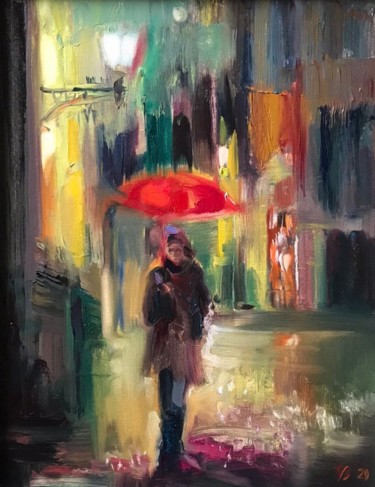 Malerei mit dem Titel "Roter Regenschirm" von Katharina Valeeva, Original-Kunstwerk, Öl