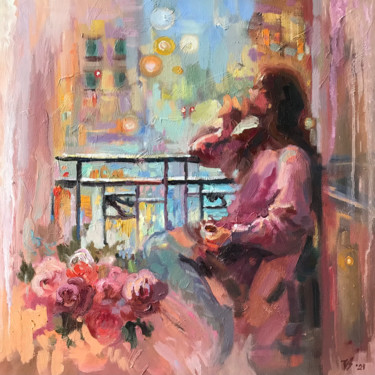 Malerei mit dem Titel "A warm pink evening" von Katharina Valeeva, Original-Kunstwerk, Öl