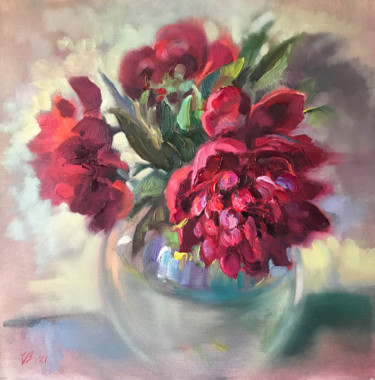 Blumenstrauß aus roten Pfingstrosen Malerei mit dem Titel "Blumenstrauß aus ro…" von Katharina Valeeva, Original-Kunstwerk, Öl