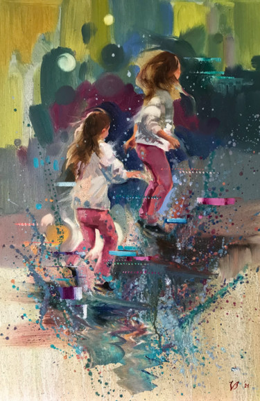 Malerei mit dem Titel "Hüpfende Mädchen" von Katharina Valeeva, Original-Kunstwerk, Öl