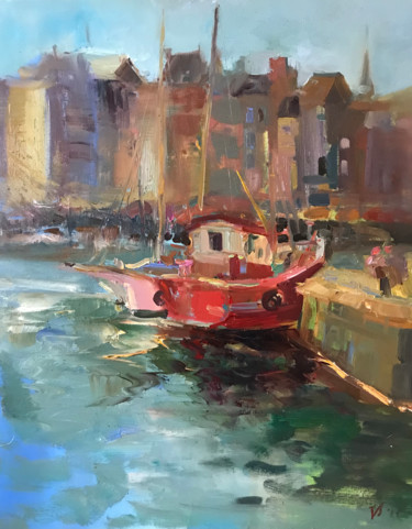 Schilderij getiteld "Rotes Boot" door Katharina Valeeva, Origineel Kunstwerk, Olie Gemonteerd op Frame voor houten brancard