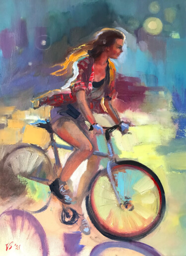 Painting titled "Radfahrerin im Sonn…" by Katharina Valeeva, Original Artwork, Oil Mounted on Wood Stretcher frame