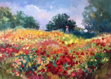 Painting titled "Mohnblumenwiese - S…" by Katharina Valeeva, Original Artwork, Oil Mounted on Wood Stretcher frame