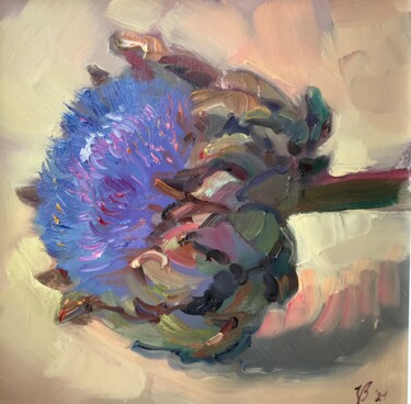 Painting titled "Blaue Blume" by Katharina Valeeva, Original Artwork, Oil Mounted on Cardboard