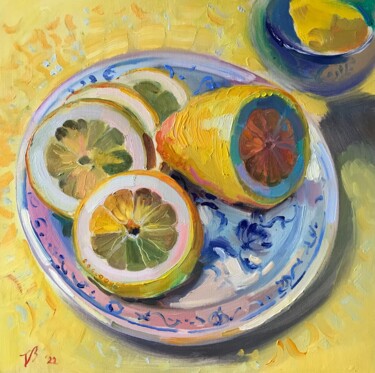 Malerei mit dem Titel "Zitrone auf dem Tel…" von Katharina Valeeva, Original-Kunstwerk, Öl Auf Karton montiert