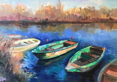 Painting titled "Landschaft mit Boot…" by Katharina Valeeva, Original Artwork, Oil Mounted on Wood Stretcher frame