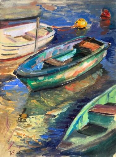 Malerei mit dem Titel "Grünes Boot" von Katharina Valeeva, Original-Kunstwerk, Öl Auf Keilrahmen aus Holz montiert