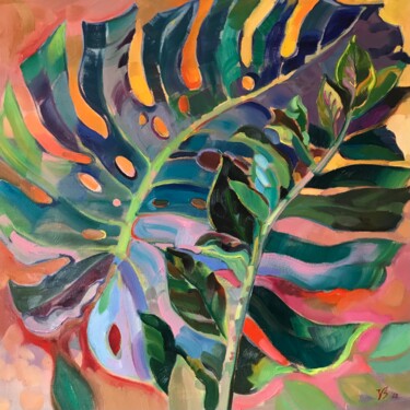 Painting titled "Monstera - Zimmerpf…" by Katharina Valeeva, Original Artwork, Oil Mounted on Wood Stretcher frame