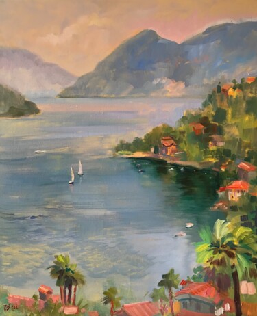Painting titled "Sonniger Tag am See" by Katharina Valeeva, Original Artwork, Oil Mounted on Wood Stretcher frame