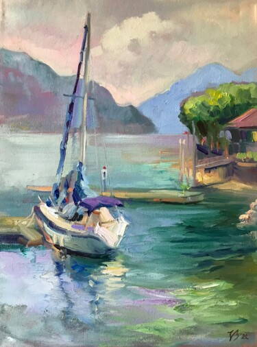 Painting titled "Segelboot" by Katharina Valeeva, Original Artwork, Oil Mounted on Wood Stretcher frame