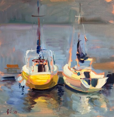 Painting titled "Boote" by Katharina Valeeva, Original Artwork, Oil Mounted on Wood Panel