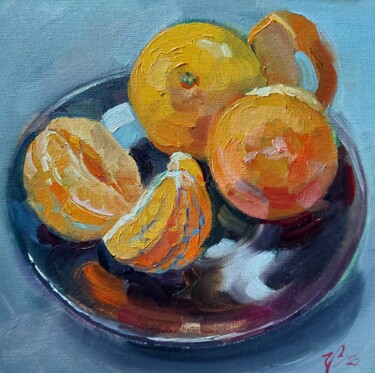 Malerei mit dem Titel "Mandarinen" von Katharina Valeeva, Original-Kunstwerk, Öl Auf Karton montiert