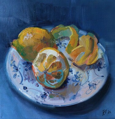 Malerei mit dem Titel "Zitronen auf einem…" von Katharina Valeeva, Original-Kunstwerk, Öl Auf Keilrahmen aus Holz montiert