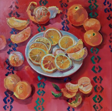 Malerei mit dem Titel "Stillleben mit Oran…" von Katharina Valeeva, Original-Kunstwerk, Öl Auf Keilrahmen aus Holz montiert