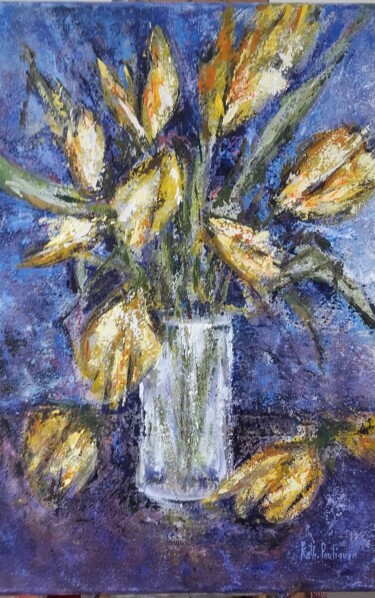 Painting titled "les tulipes épuisées" by Katherine Jacop-Pouliquen, Original Artwork, Acrylic
