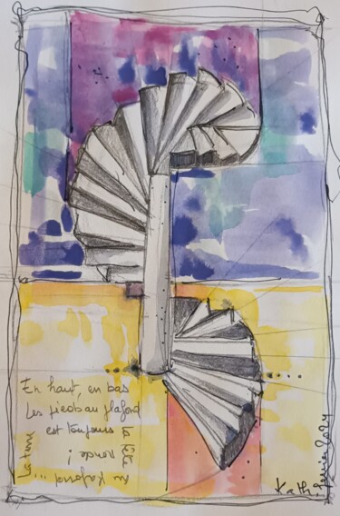 Ζωγραφική με τίτλο "L'escalier de Brune…" από Katherine Jacop-Pouliquen, Αυθεντικά έργα τέχνης, Ακουαρέλα