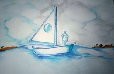 Drawing titled "Blue découverte" by Kathia Donaté, Original Artwork, Pencil