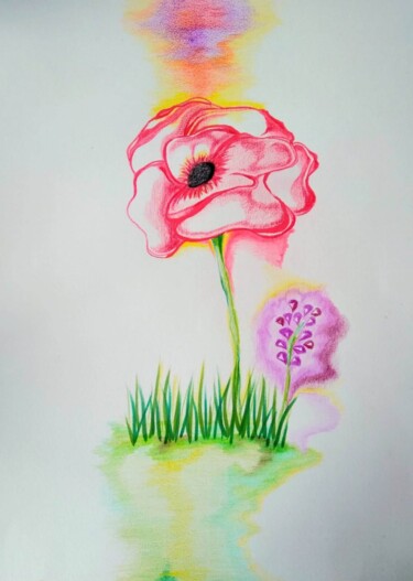 Desenho intitulada "Red Flower" por Kathia Donaté, Obras de arte originais, Lápis