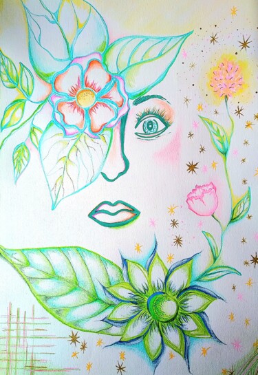 Dibujo titulada "Parmi les fleurs" por Kathia Donaté, Obra de arte original, Lápiz