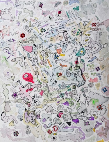 Drawing titled "Crazy doodle" by Kathi Halickman, Original Artwork, Watercolor Mounted on Cardboard