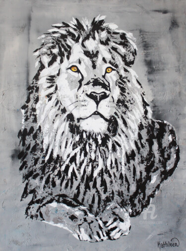 THE KING LION CECIL, Acrylic Abstract Painting on Canvas Peinture intitulée "THE KING LION CECIL…" par Kathleen Artist, Œuvre d'art originale, Acrylique Monté sur Châssis