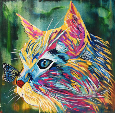 Картина под названием "CAT LOVE Colourful…" - Kathleen Artist, Подлинное произведение искусства, Акрил Установлен на Деревян…