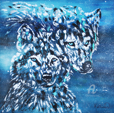 Painting titled "Wolves Winter Art,…" by Kathleen Artist, Original Artwork, Acrylic Mounted on Wood Stretcher frame