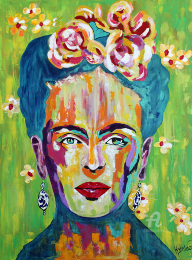 Painting titled "Frida Kahlo Flowers…" by Kathleen Artist, Original Artwork, Acrylic Mounted on Wood Stretcher frame