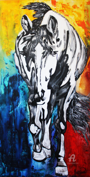 Pintura intitulada "Silver Horse Painti…" por Kathleen Artist, Obras de arte originais, Acrílico Montado em Armação em madei…