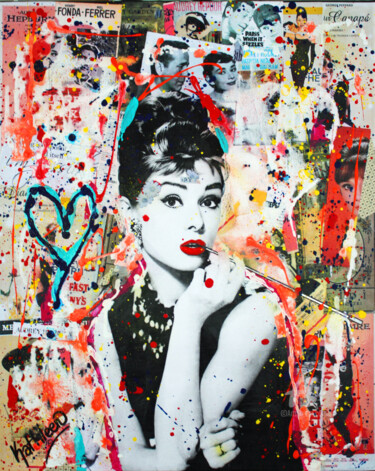 Ζωγραφική με τίτλο "Audrey Hepburn - Pe…" από Kathleen Artist, Αυθεντικά έργα τέχνης, Κολάζ Τοποθετήθηκε στο Ξύλινο φορείο σ…