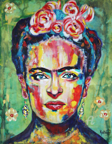 绘画 标题为“Frida Kahlo «Pink F…” 由Kathleen Artist, 原创艺术品, 丙烯 安装在木质担架架上