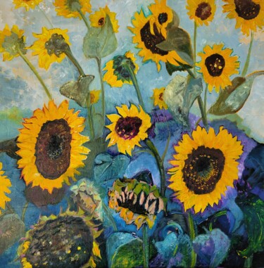 Schilderij getiteld "Sonnenblumen" door Kathrin Flöge, Origineel Kunstwerk, Olie Gemonteerd op Frame voor houten brancard
