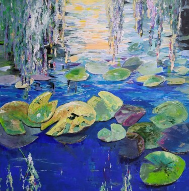 Painting titled "Morning at the pond" by Kathrin Flöge, Original Artwork, Acrylic Mounted on Wood Stretcher frame