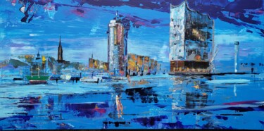 Картина под названием "Hamburg Blaue Stunde" - Kathrin Flöge, Подлинное произведение искусства, Акрил Установлен на Деревянн…