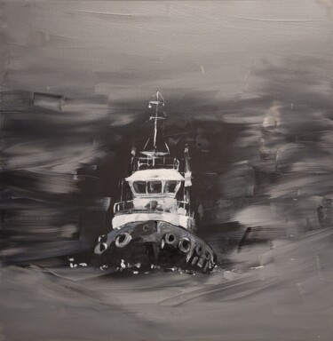 Malerei mit dem Titel "Schlepper im Nebel" von Kathrin Flöge, Original-Kunstwerk, Acryl Auf Keilrahmen aus Holz montiert