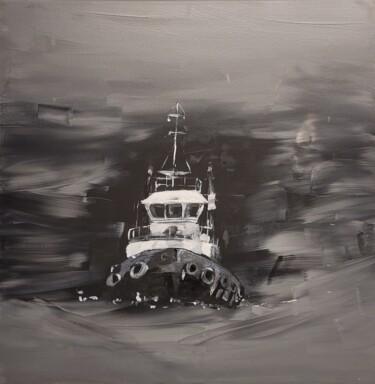 Painting titled "Schlepper im Nebel" by Kathrin Flöge, Original Artwork, Acrylic Mounted on Wood Stretcher frame